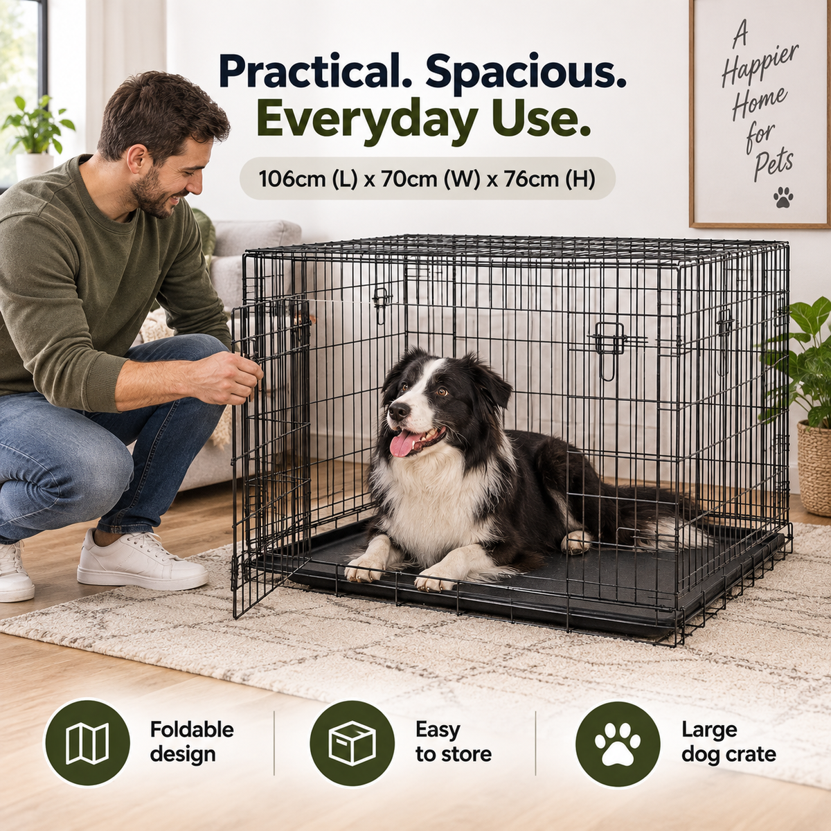 48-Inch XL Folding Dog Crate – 106 × 70 × 76cm