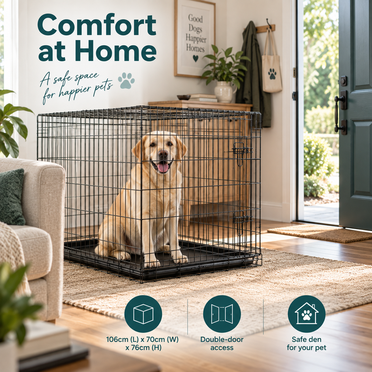 48-Inch XL Folding Dog Crate – 106 × 70 × 76cm
