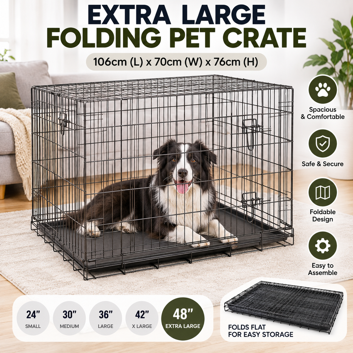 48-Inch XL Folding Dog Crate – 106 × 70 × 76cm