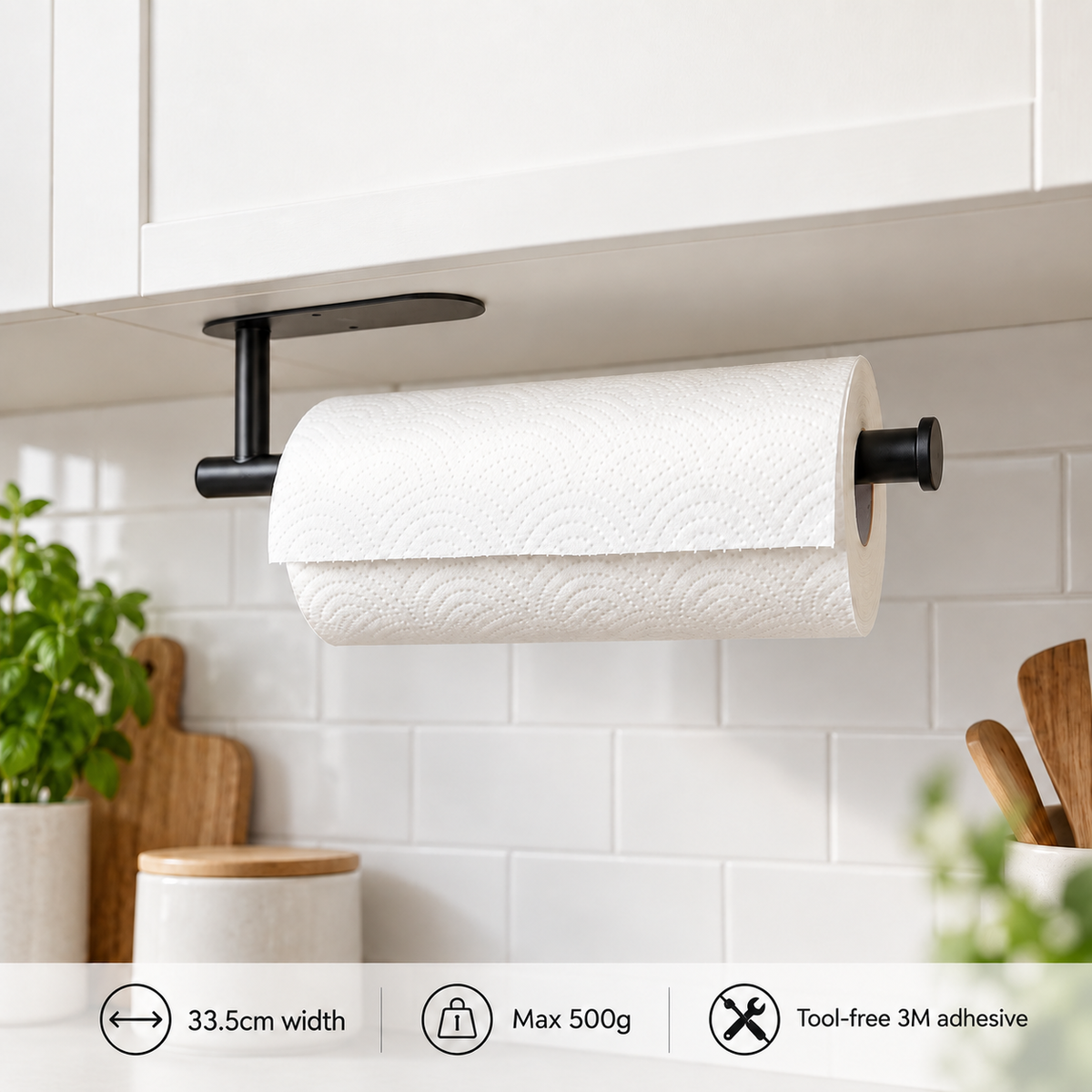 Adhesive Paper Towel Holder – Matte Black Under-Cabinet Mount