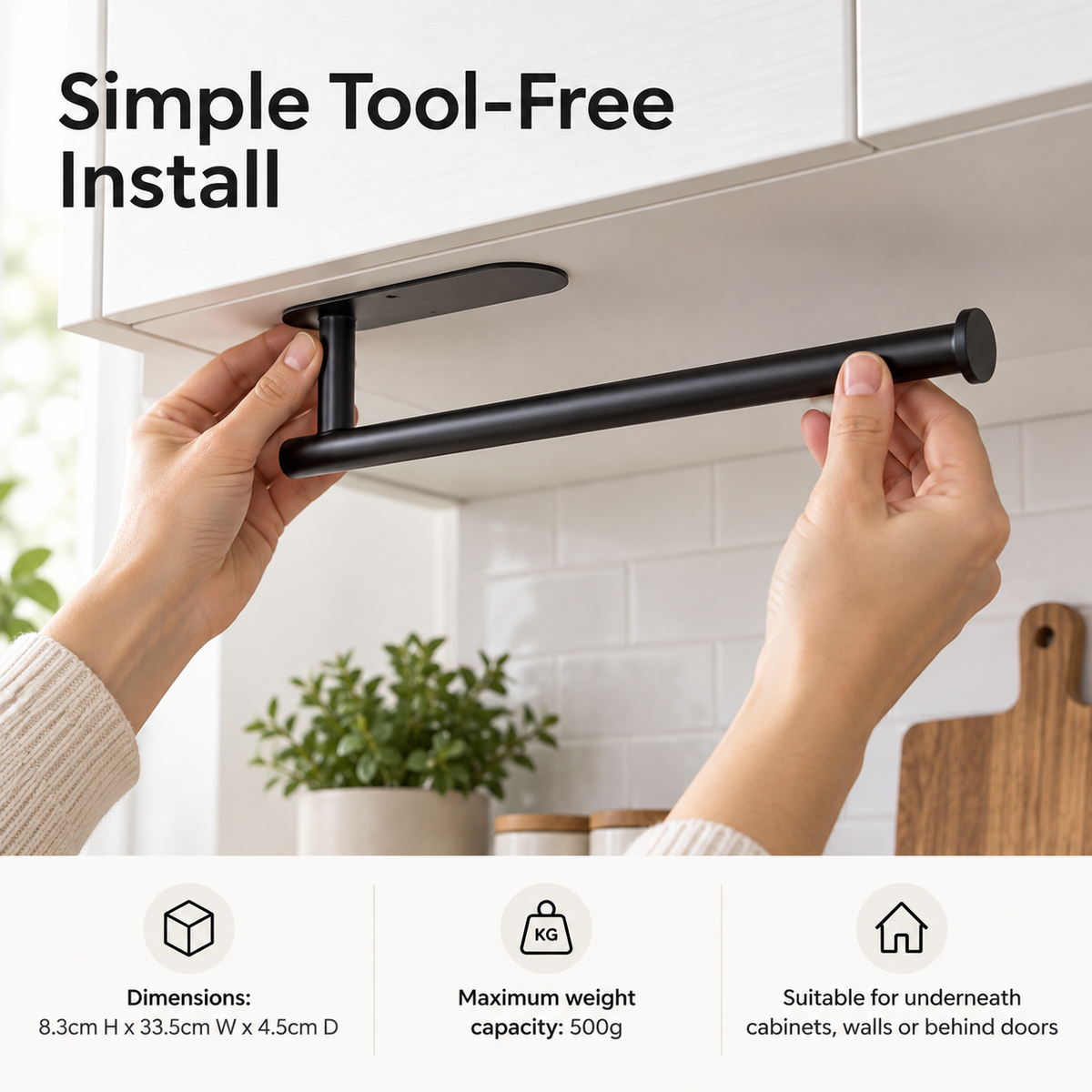 Adhesive Paper Towel Holder – Matte Black Under-Cabinet Mount