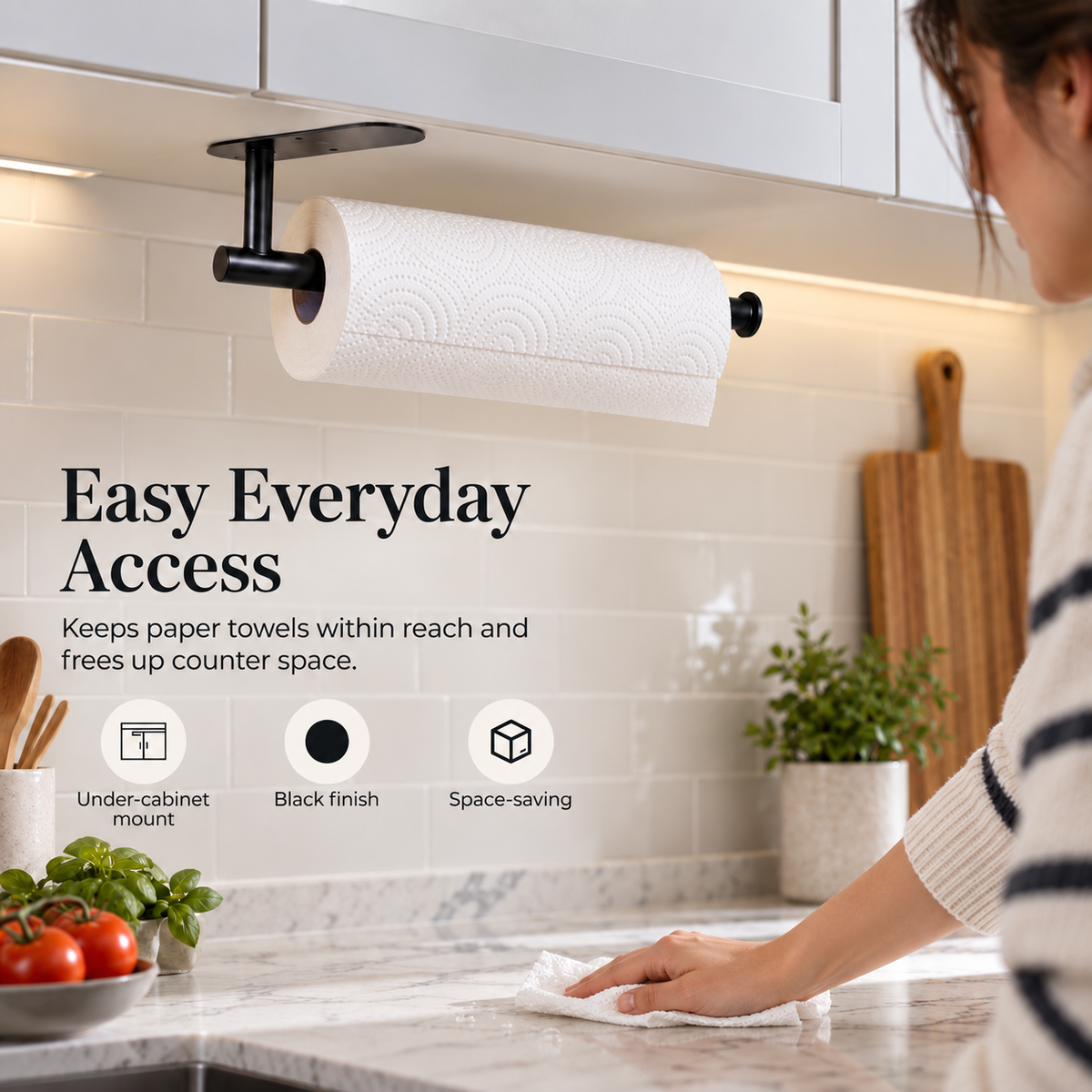 Adhesive Paper Towel Holder – Matte Black Under-Cabinet Mount