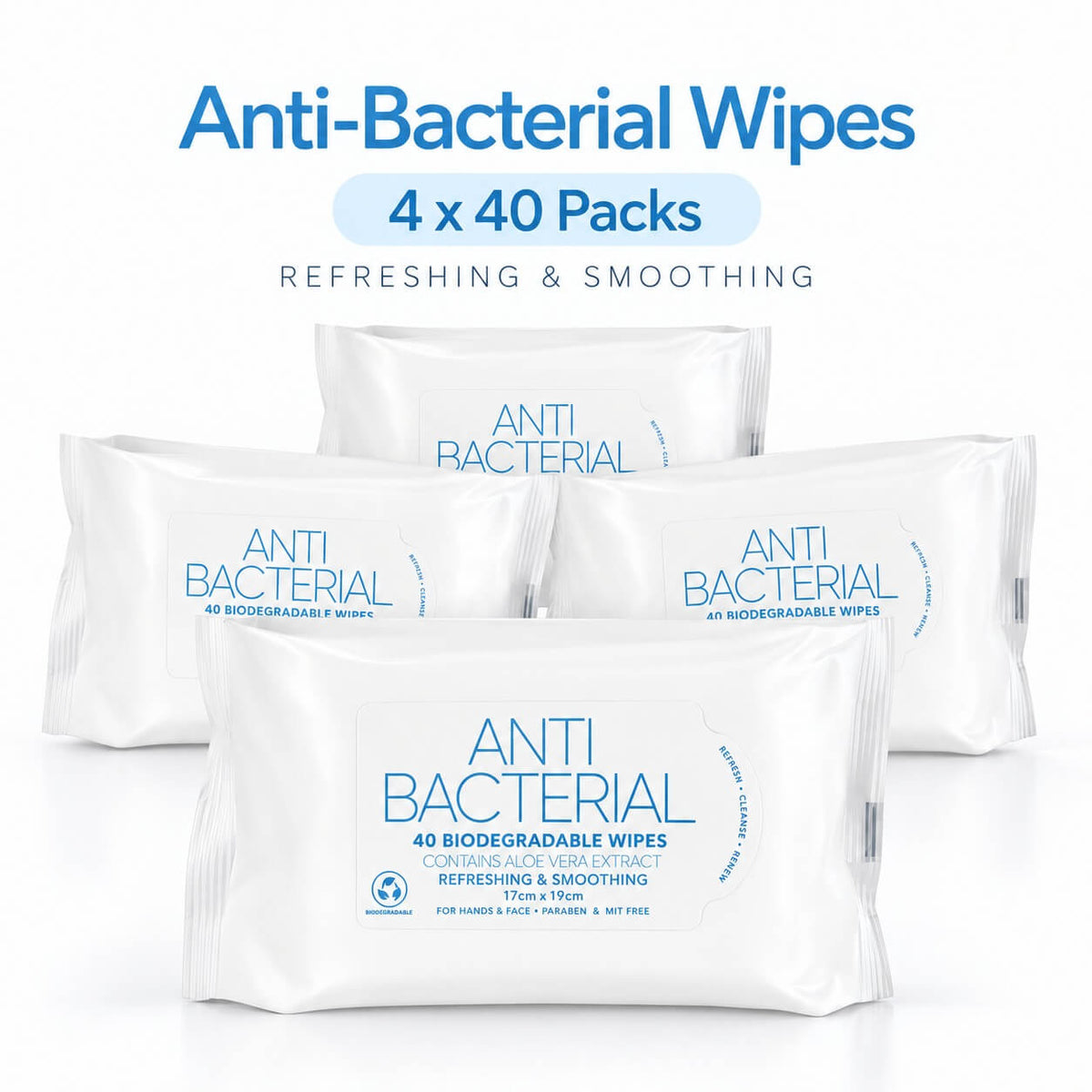 4 × 40 Pack Refreshing & Smoothing Antibacterial Wipes