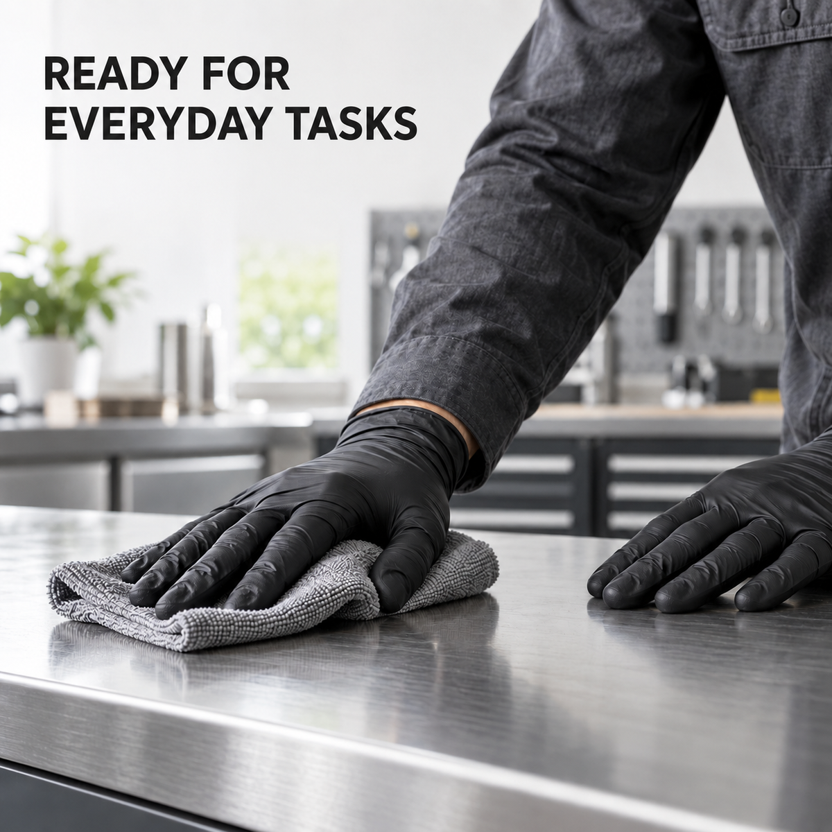 Black nitrile gloves used for everyday cleaning
